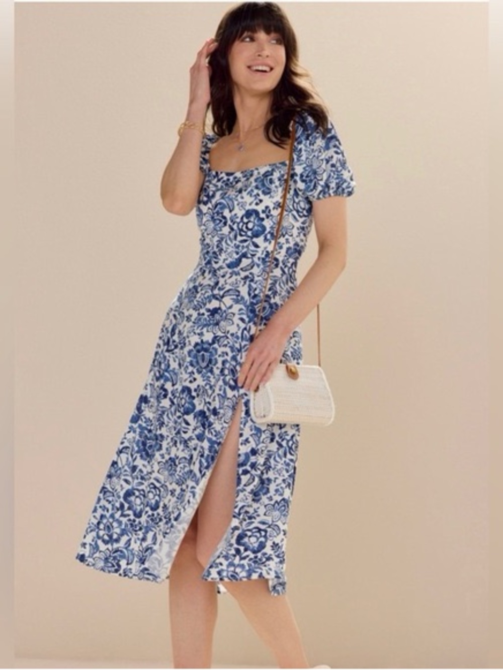 Francesca's Collections Blue and White Floral Square-Neck Midi Dress